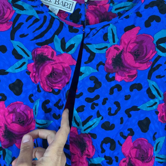 Vintage 80 A.J. Bari Blue Silk Party Dress Animal Print Floral Bow Designer Sz 6 - Picture 8 of 10